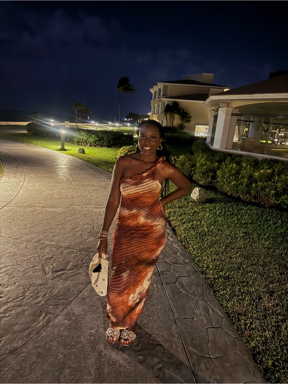 Fashion Nova One-Shoulder Maxi Dress in Brown and Cream Tie-Dye